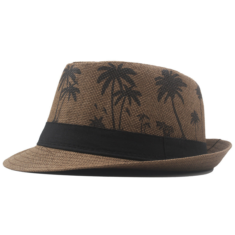 Palm Print Coconut Pattern Curled Straw Hat