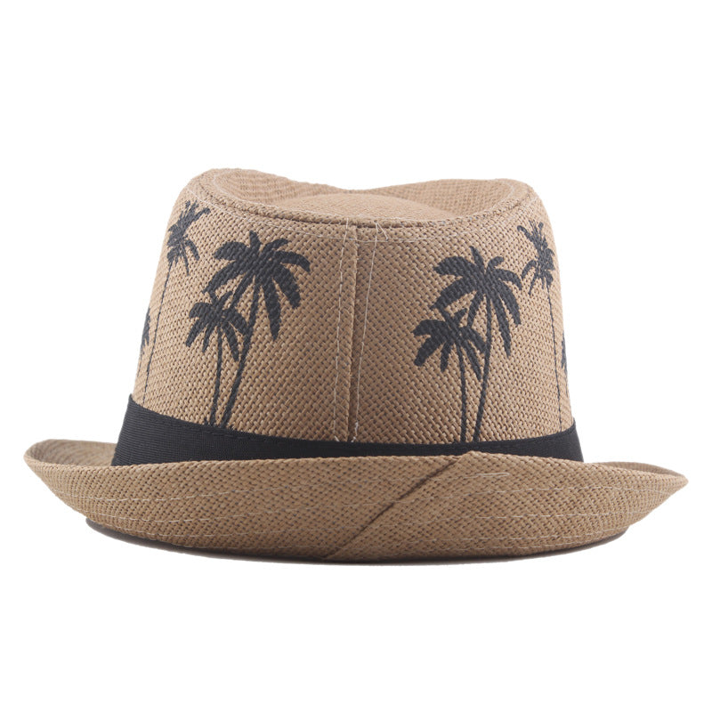 Palm Print Coconut Pattern Curled Straw Hat