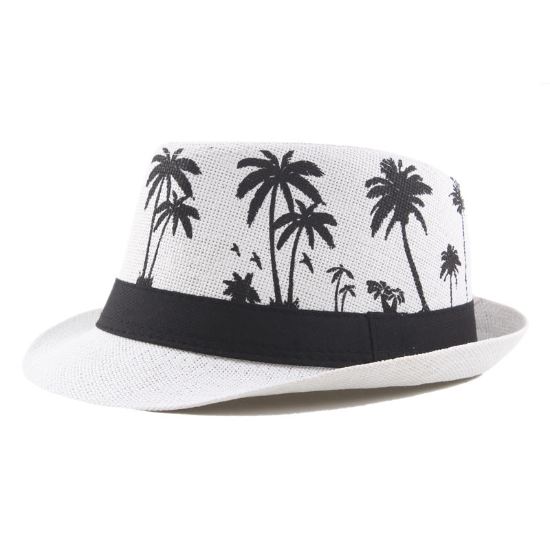Palm Print Coconut Pattern Curled Straw Hat