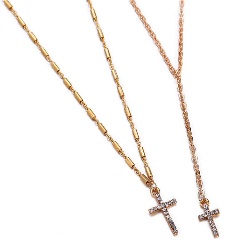 Fashion Gold Color Crystal Cross Double Layered