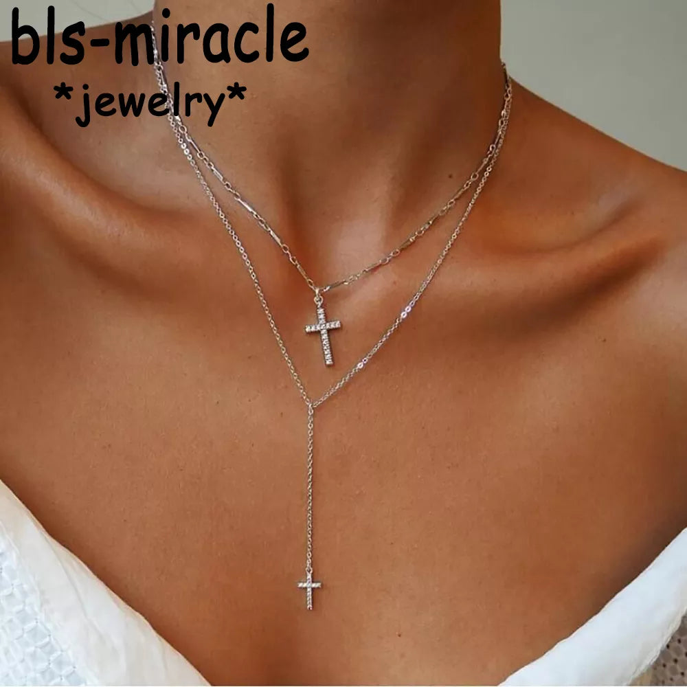 Fashion Gold Color Crystal Cross Double Layered