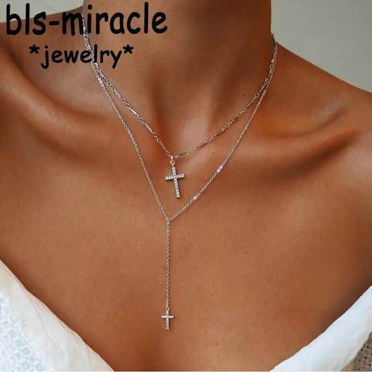 Fashion Gold Color Crystal Cross Double Layered