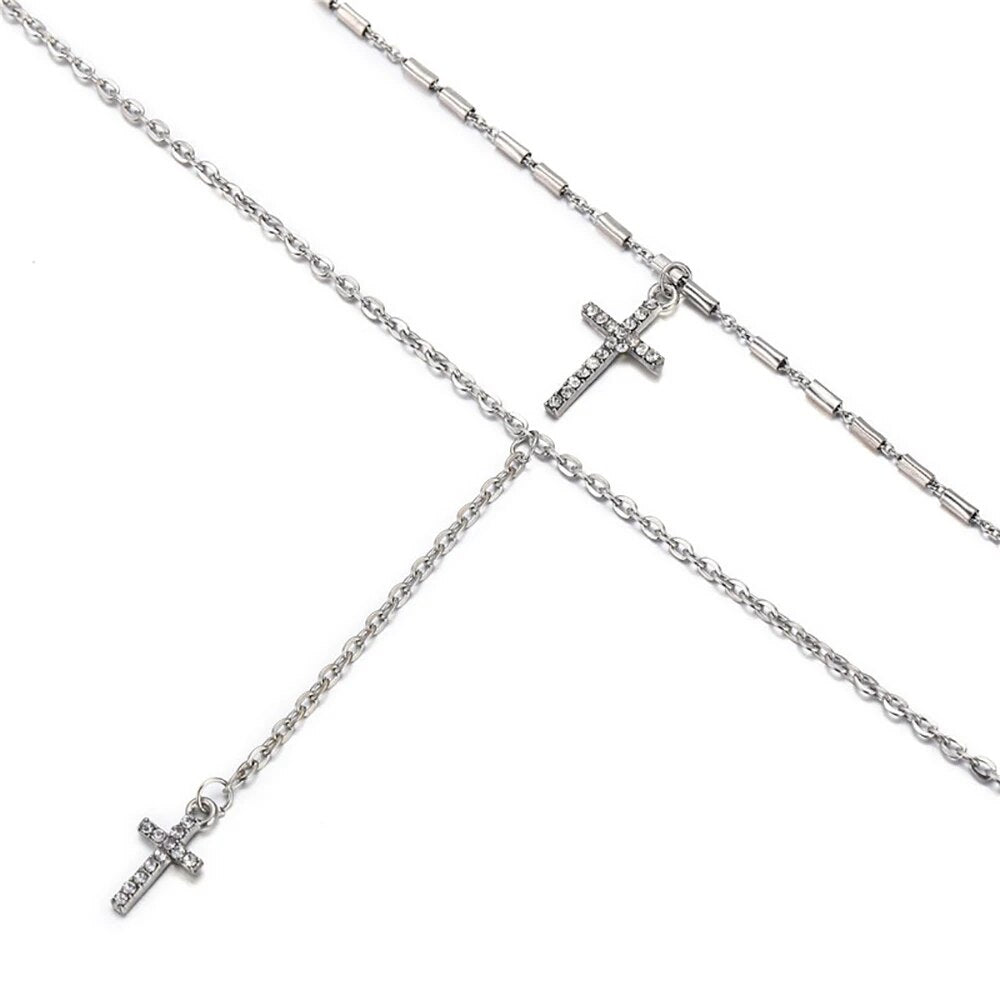 Fashion Gold Color Crystal Cross Double Layered