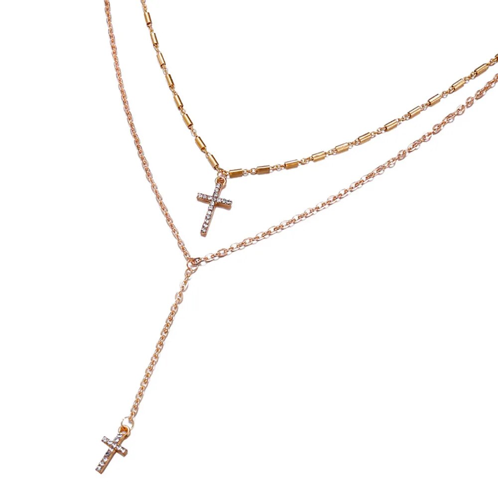 Fashion Gold Color Crystal Cross Double Layered