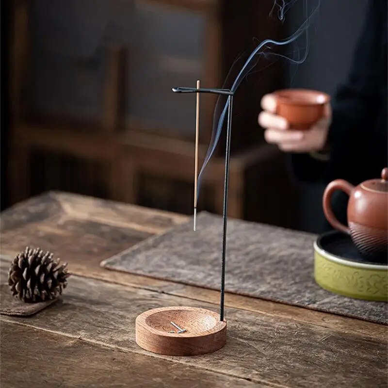 Incense Holder Upside Down Wood With Iron Sticks Burner Stand