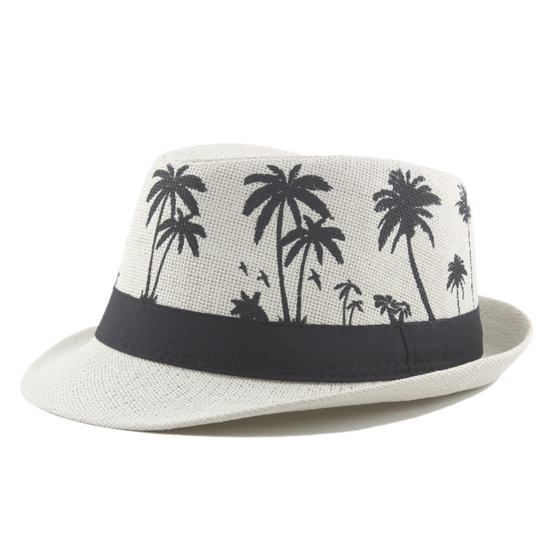 Palm Print Coconut Pattern Curled Straw Hat