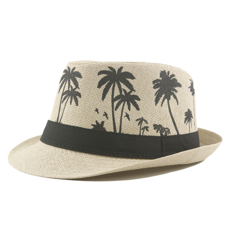 Palm Print Coconut Pattern Curled Straw Hat