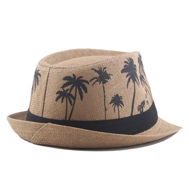 Palm Print Coconut Pattern Curled Straw Hat